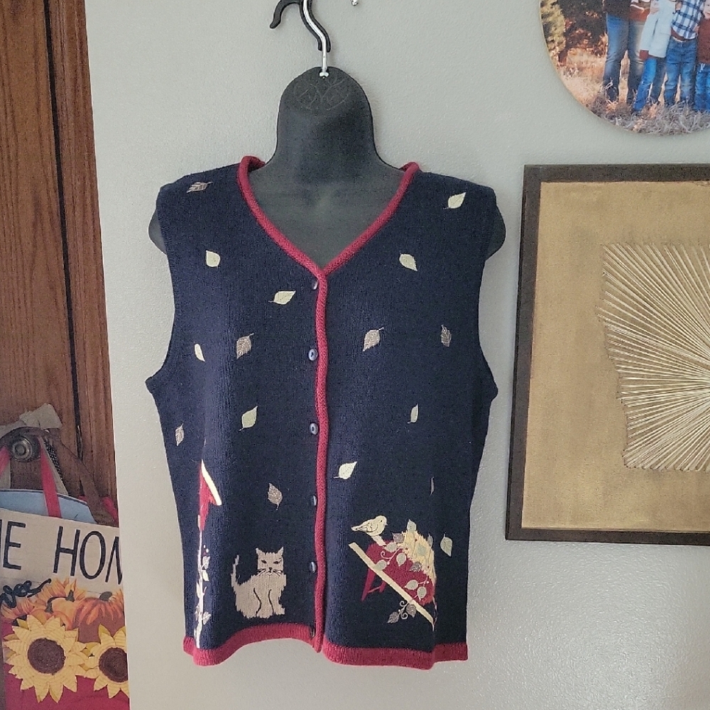 Christopher & Banks Navy Cardigan with Cat and Leaf Motif